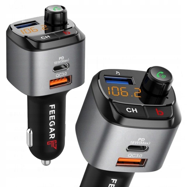 Transmiter Fm Bluetooth Feegar Zestaw Głośnomówiący Ładowarka Qc 3.0USB Aux
