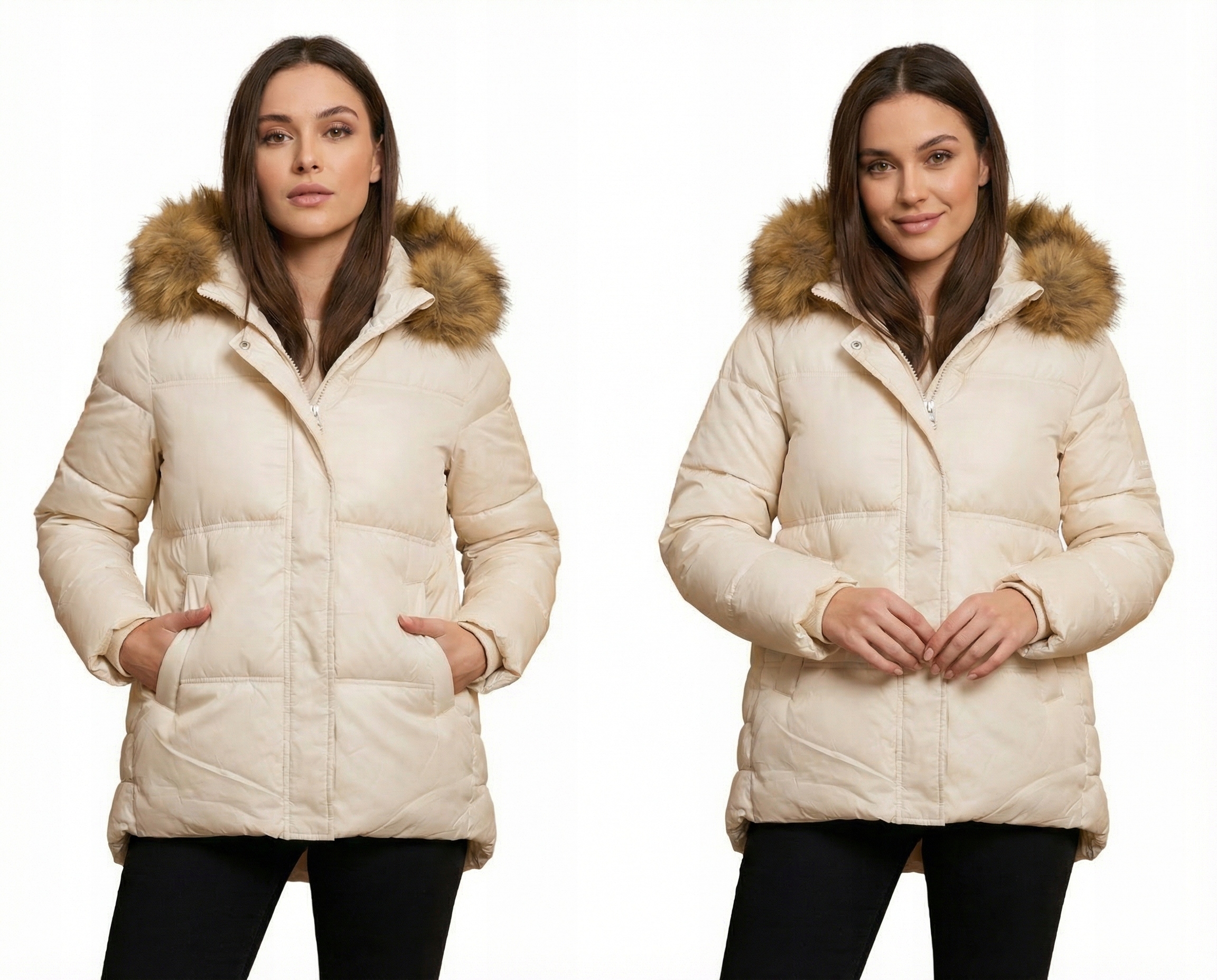 Dámská Prošívaná Teplá Bunda S Delší Zadní Částí A Kapsami Kožíšek Zimní Béžová M