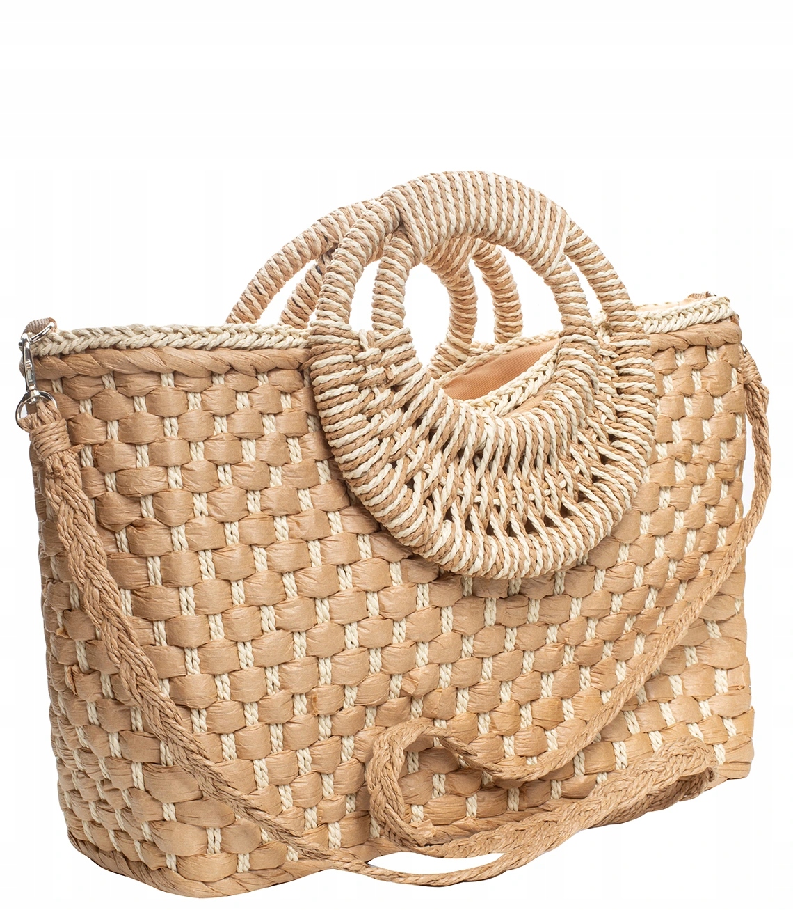 Krásný letní košík, taška v boho stylu, ozdobné kulaté rukojeti, prostorná