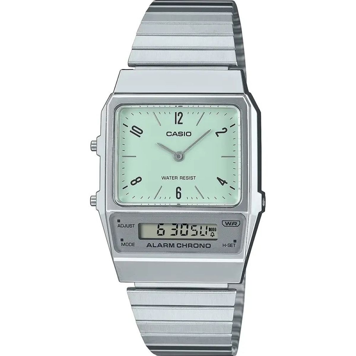 Casio Vintage stříbrné hodinky v retro stylu s mátovým ciferníkem AQ-800E-3AEF