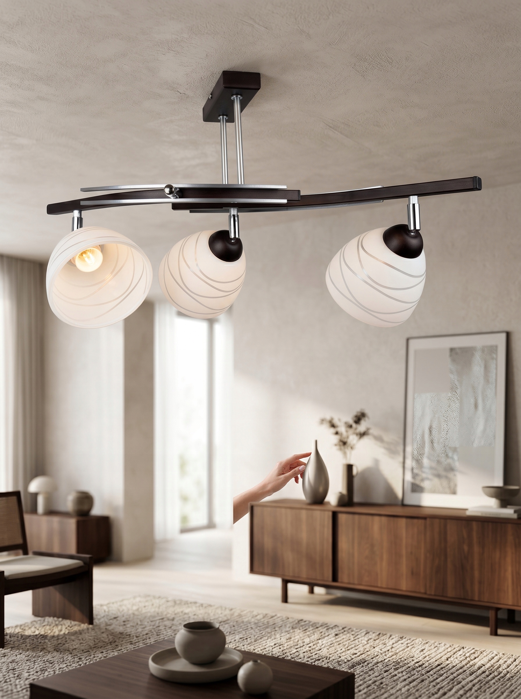Stropná Lampa Luster Fiona 3 Bronz 3x E27 Euro-lamp Klosz Biely S Pruhmi