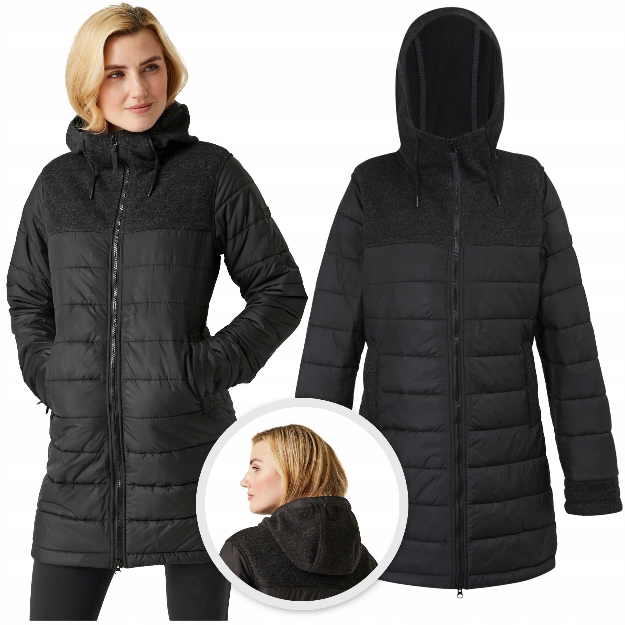 Płaszcz zimowy Damski pikowany Regatta RWN267 ciepły z Kapturem czarny Xs