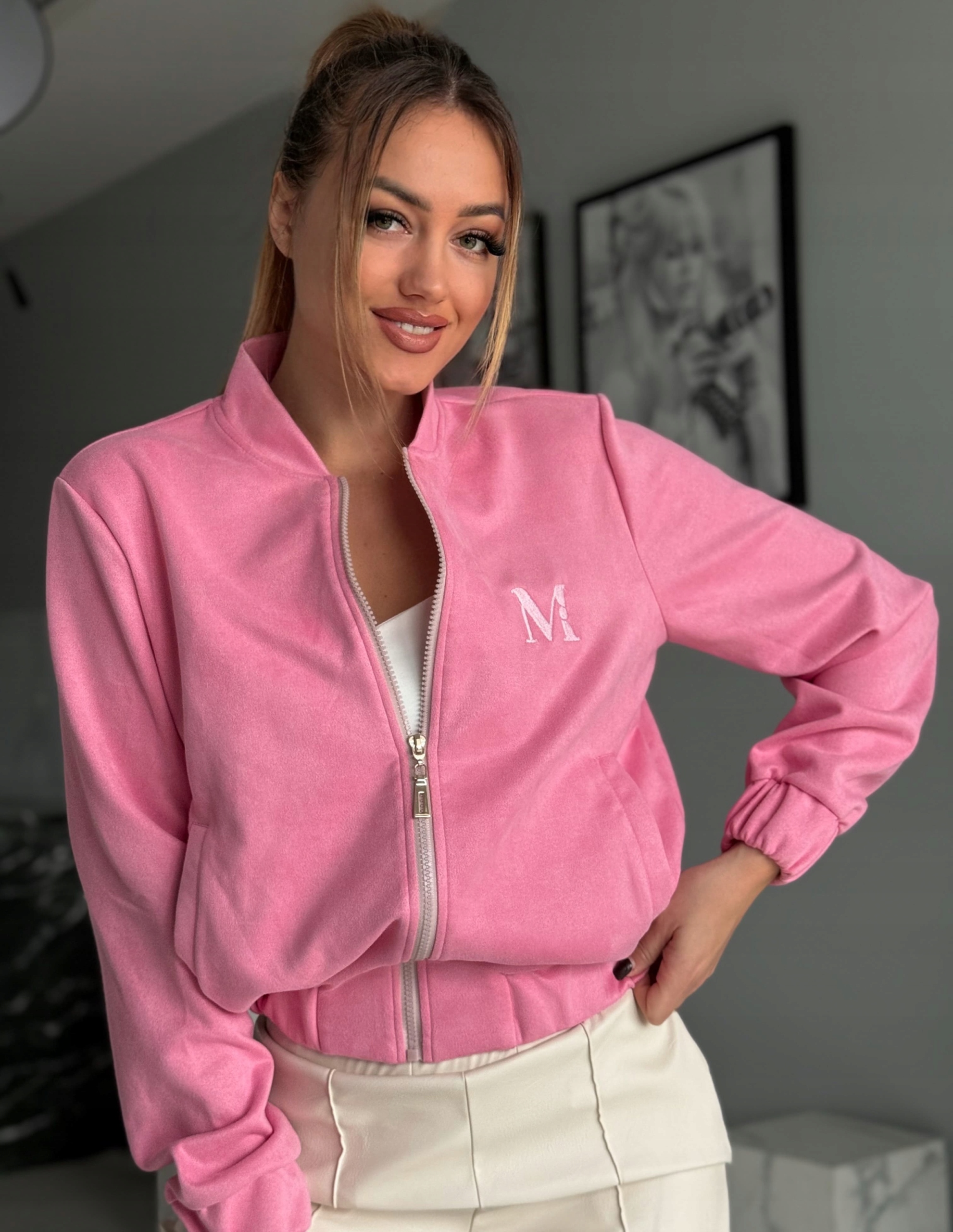 Módní bunda Bomber Dámská Semišová Růžová Krátká S