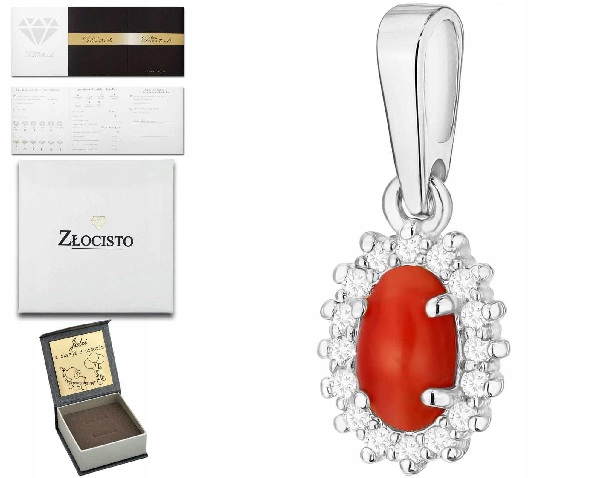 Přívěsek Z Bílého Zlata S Brilianty, Přírodní Kámen, Korál 585 Dárek