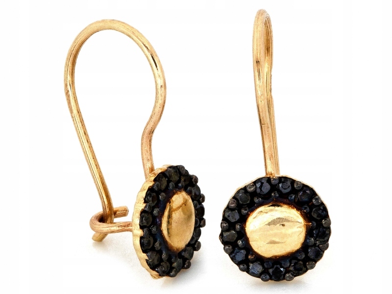 Zlaté náušnice 585 14k na biglu, kulatá kolečka s černými zirkony, dámské