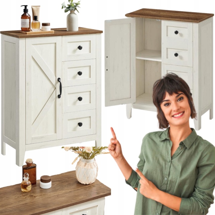 Skriňa Komoda do kúpeľne, stojaca kuchyňa s doskou a zásuvkami, biela, Vintage