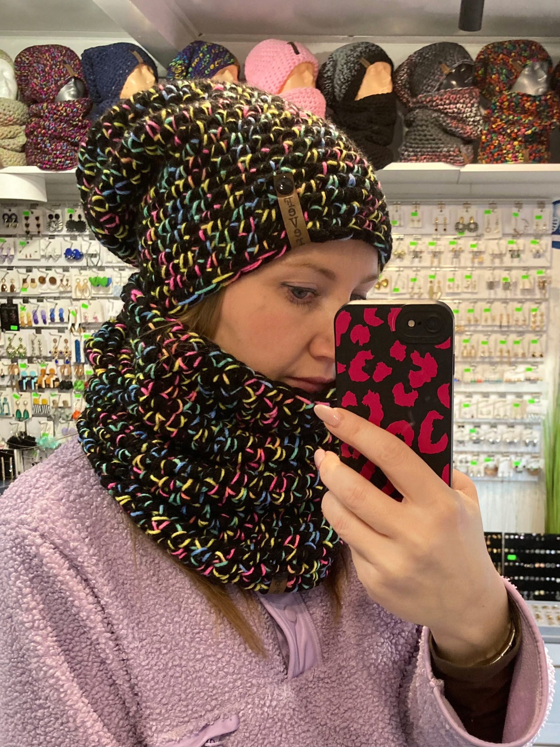 Komplet čepice nákrčník „FeVer“ Hand Made Boho na háčkování Velká Velikost