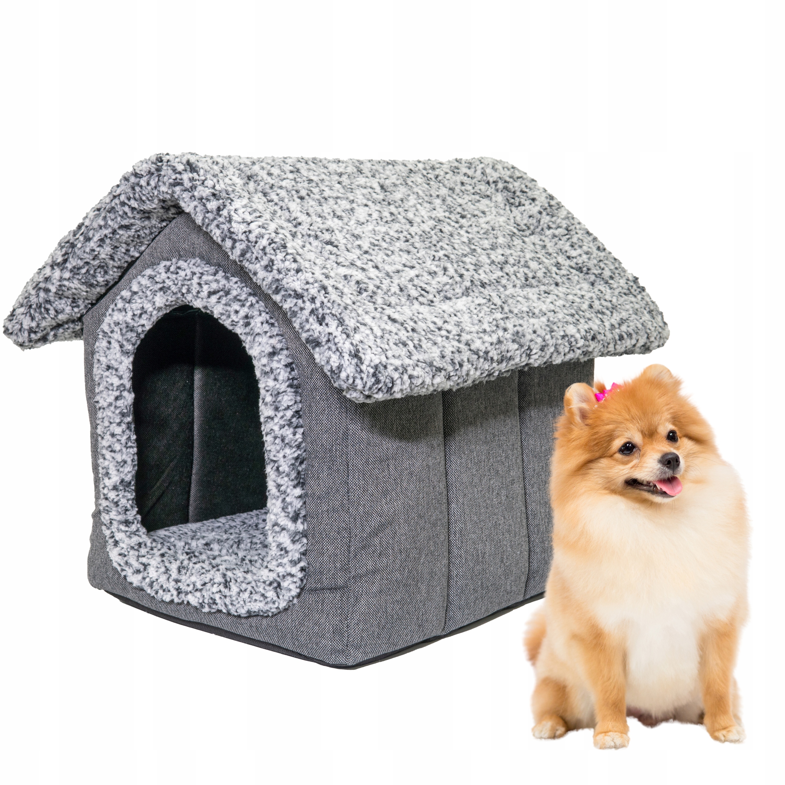Levně Domeček Buda Pelíšek s kožešinou pro malého psa a kočku 2v1 Šedá 38x44x45 cm