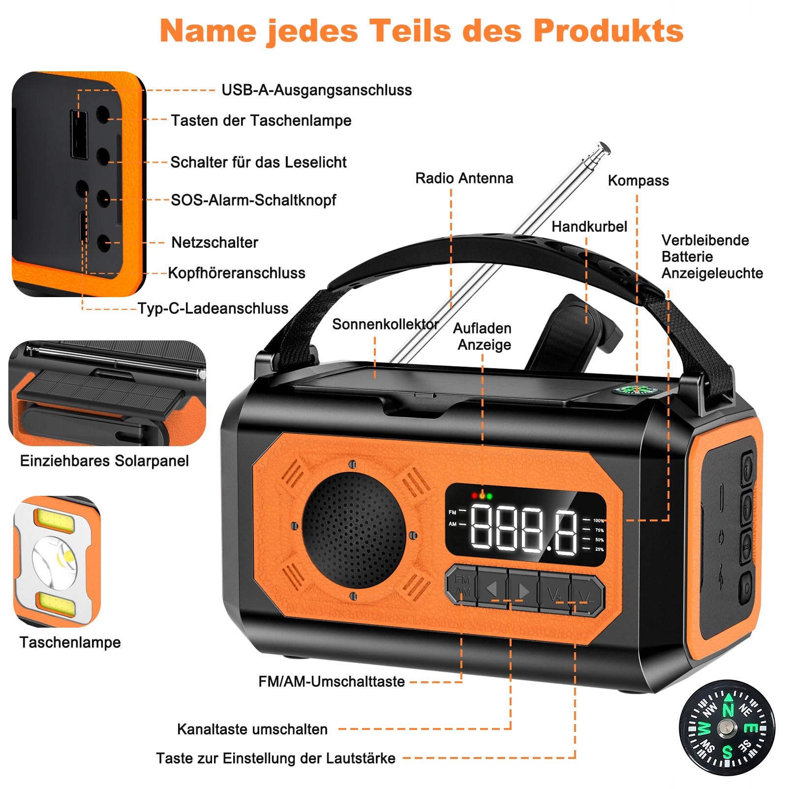 SOLARIS Radio Awaryjne 12000mAh Z Ładowarką Słoneczną AM/FM SOS — miniatura 8