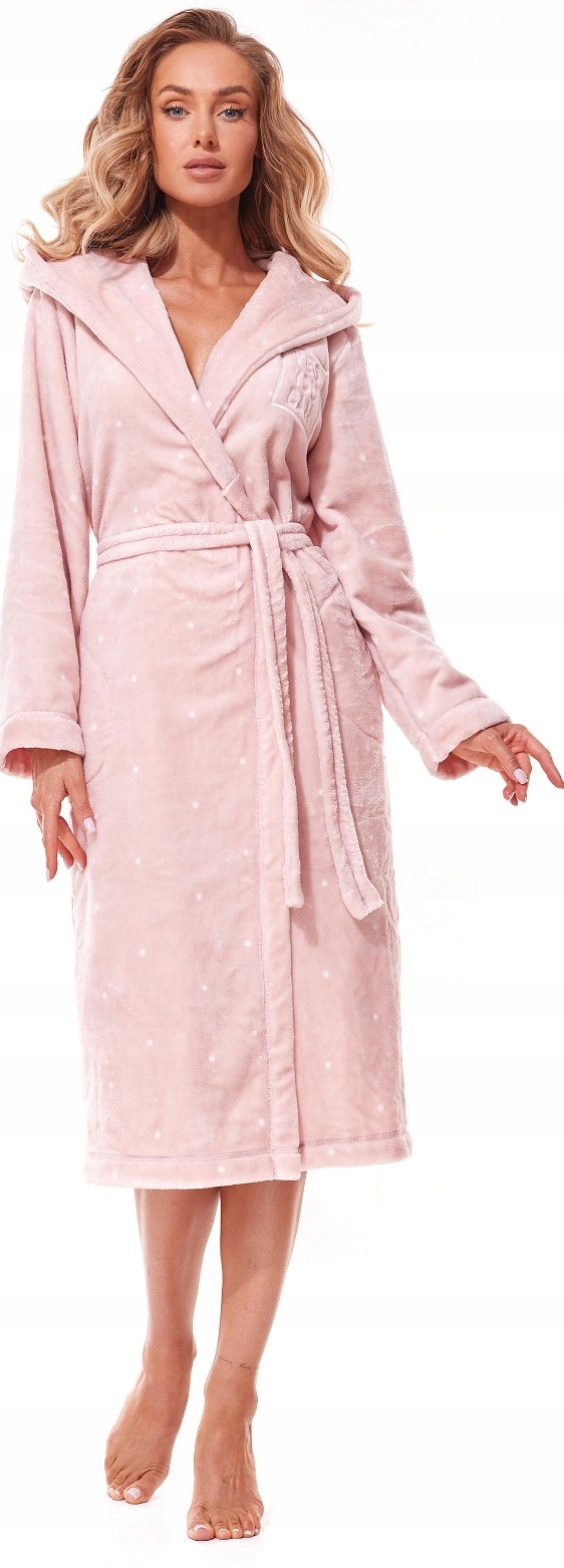 Gruby SZLAFROK DAMSKI W KROPKI L&L 12324 Róż M Marka L&L