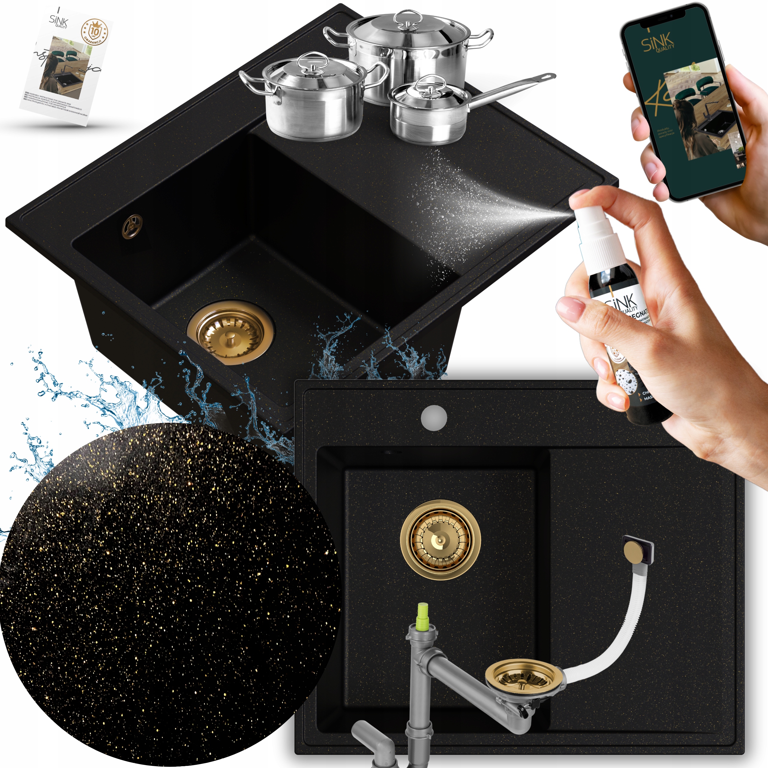 Granitový dřez jednokomorový Se Odkapávačem kuchyňský Zlatý s částečkami