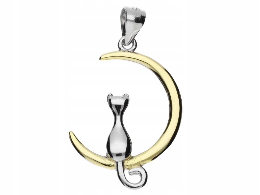 Stříbrný Přívěsek Kočka na Měsíci Pozlacený a Rhodiovaný Závěs Koťátko Měsíc