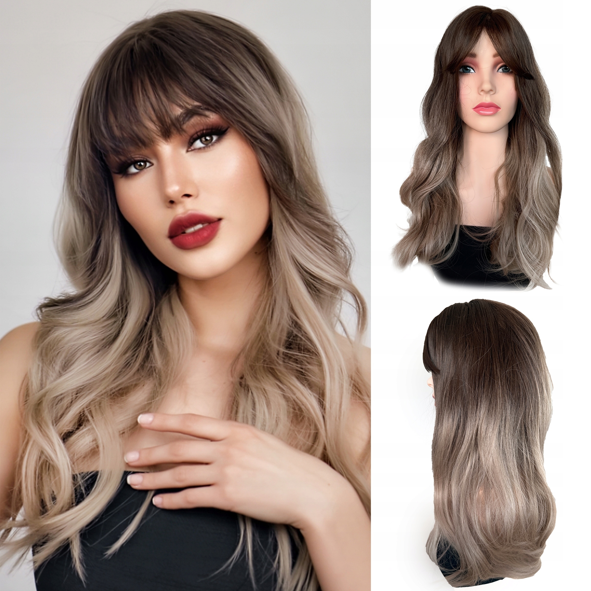 Peruka Syntetyczna Włosy Sztuczne Loki Ombre Brąz Chłodny Blond Długa 60cm