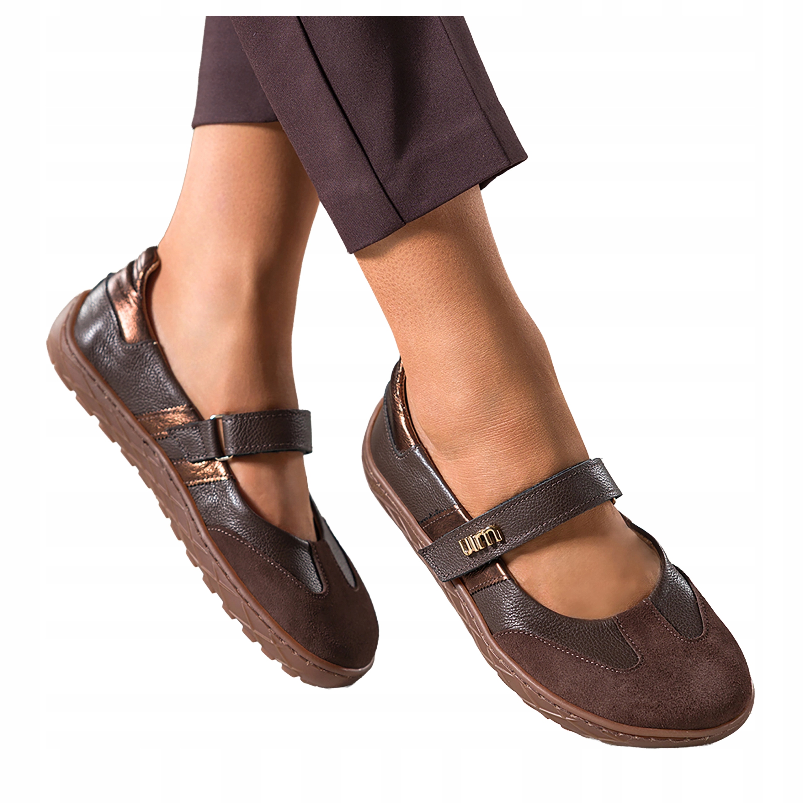 Čokoládové Baleríny Dámské Kožené Široké Pásek Na Suchý Zip Barefoot vel. 38