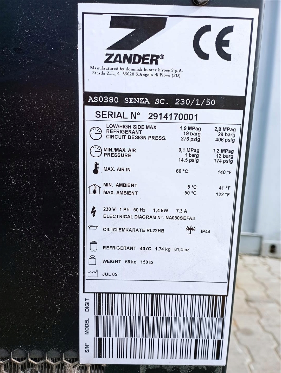 Osuszacz ZANDER AS0380, S011784 Ciśnienie maksymalne 12 bar