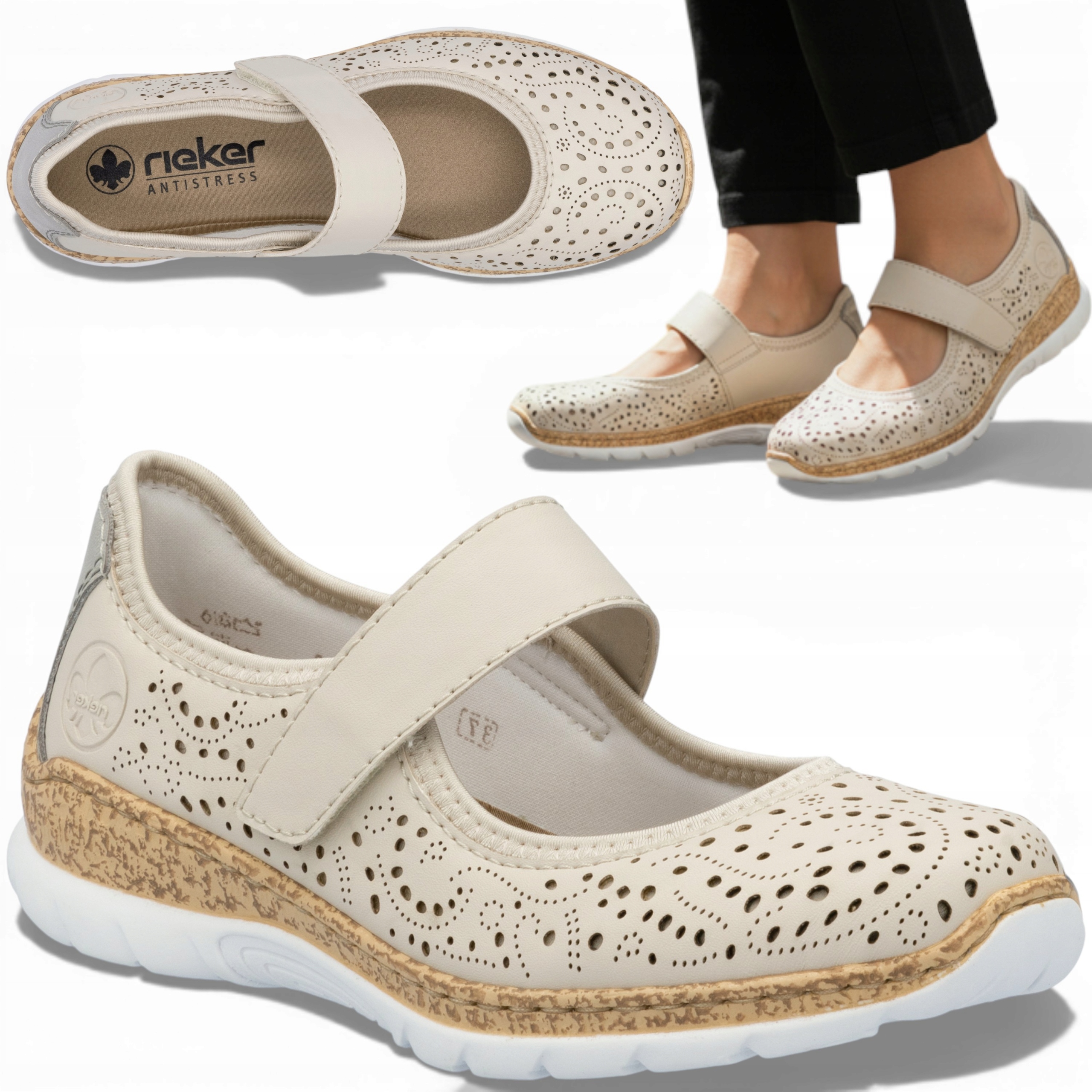 Dámské baleríny Na Suchý Zip 41 Rieker Pohodlné Jarní Ažurové Béžové Módní