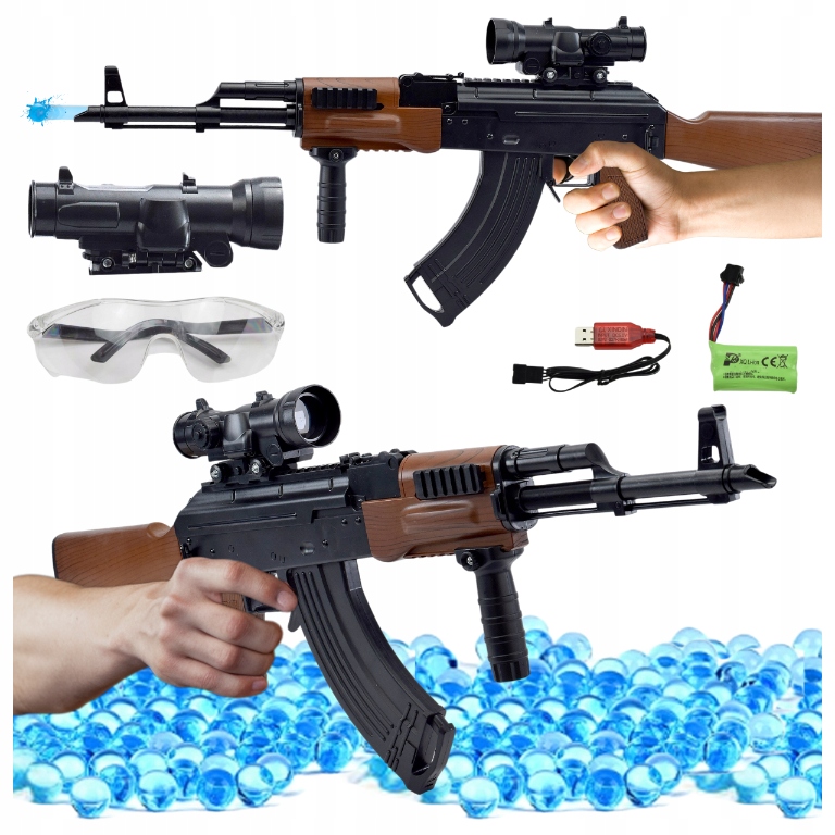 Replika AK47 na Kulki Żelowe 2 Tryby z Lunetą Akumulator Zasięg 15 m