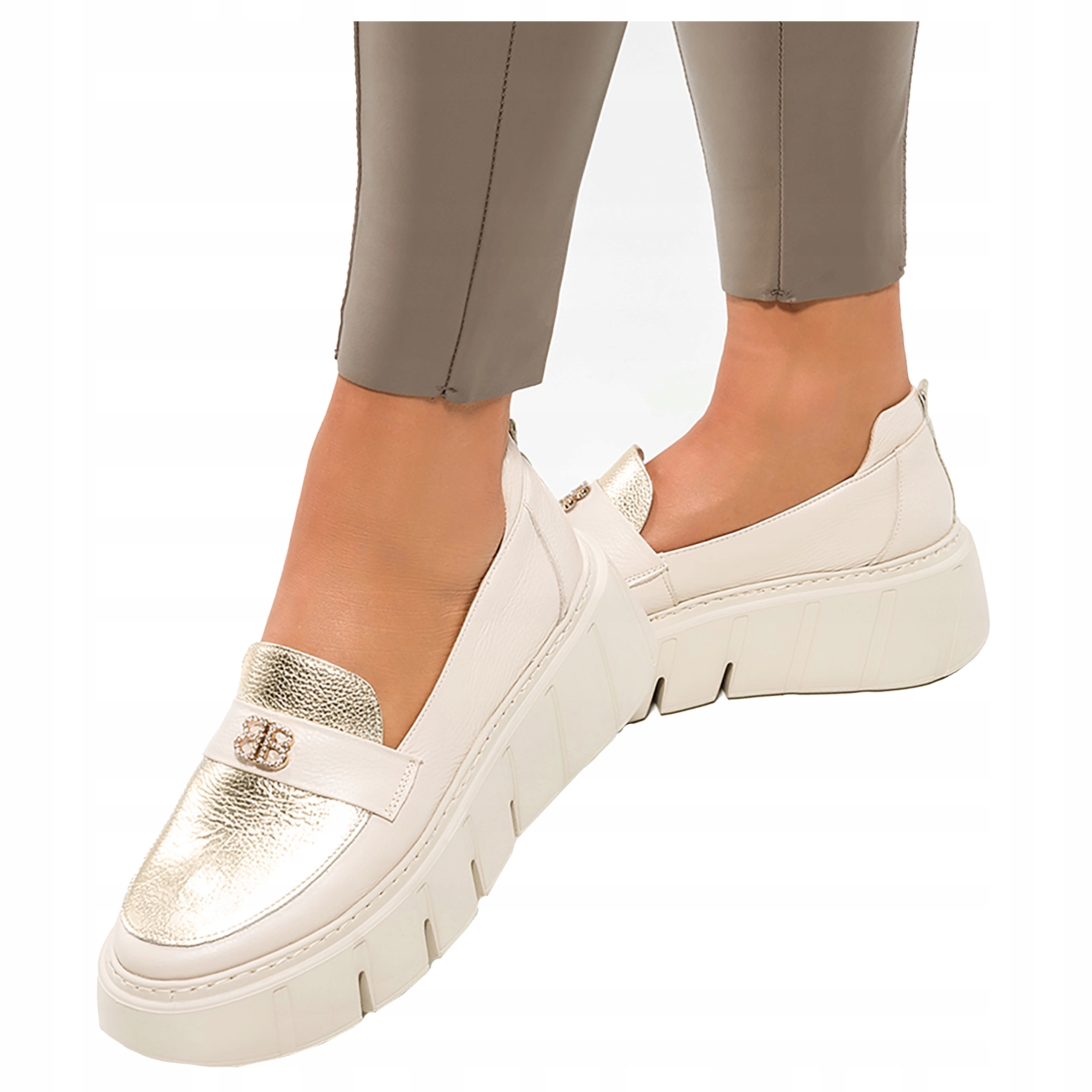 Béžové Mokasíny Creepersy Kožené Na Platformě Polský Výrobek vel. 38