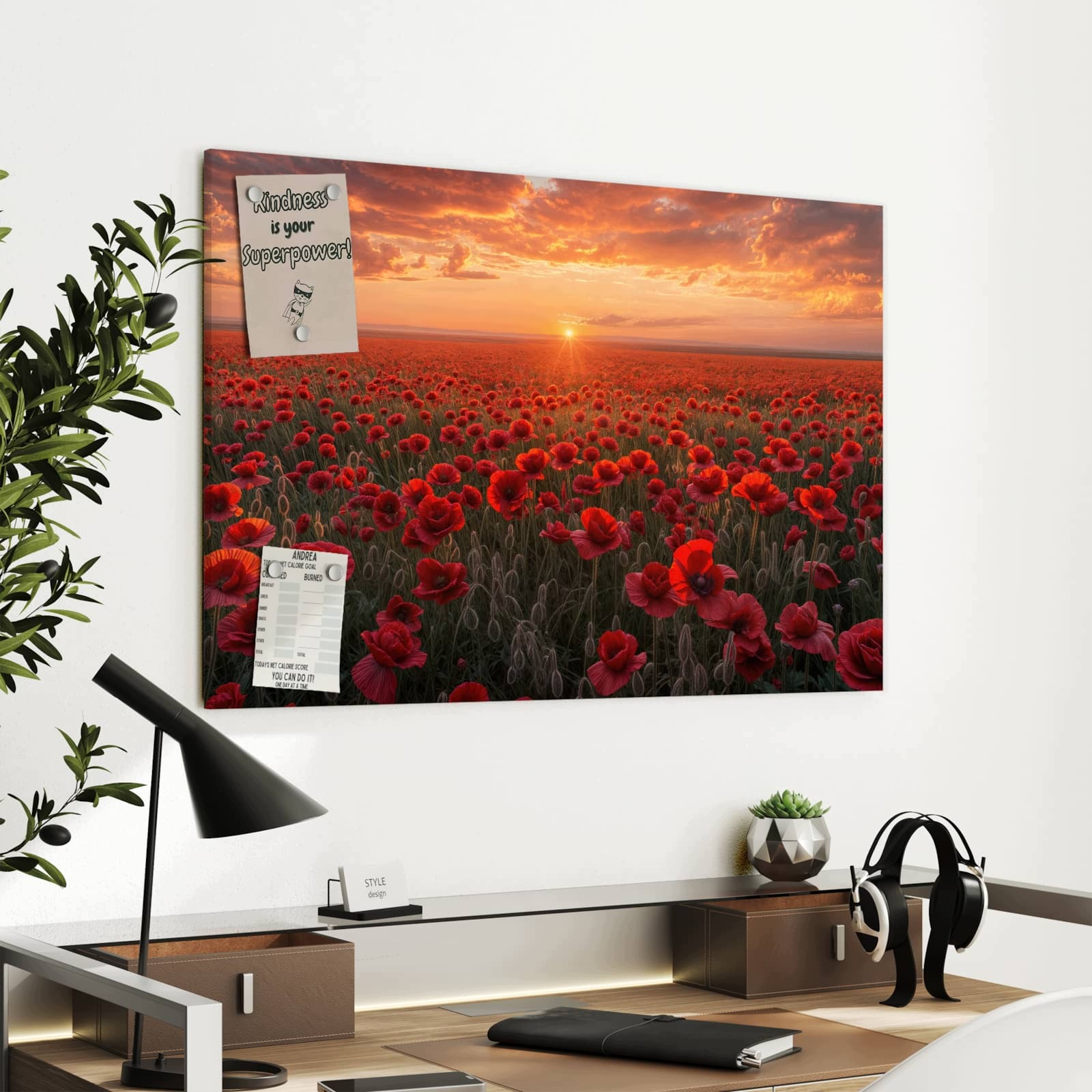 Magnetická tabule Pole máku Západ slunce 90 × 60 cm