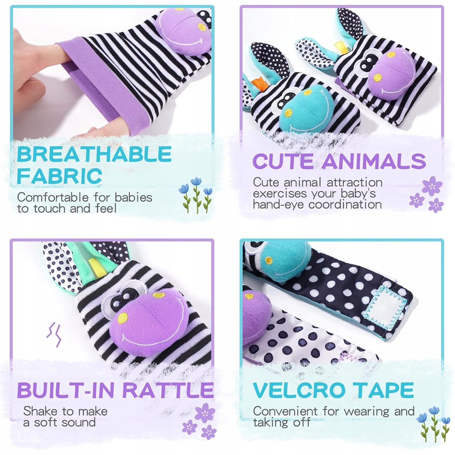 4x SKARPETKI 3D OPASKI NA RĄCZKI GRZECHOTKI SOZZY ZABAWKA SENSORYCZNA Rozmiar EU 0-12m