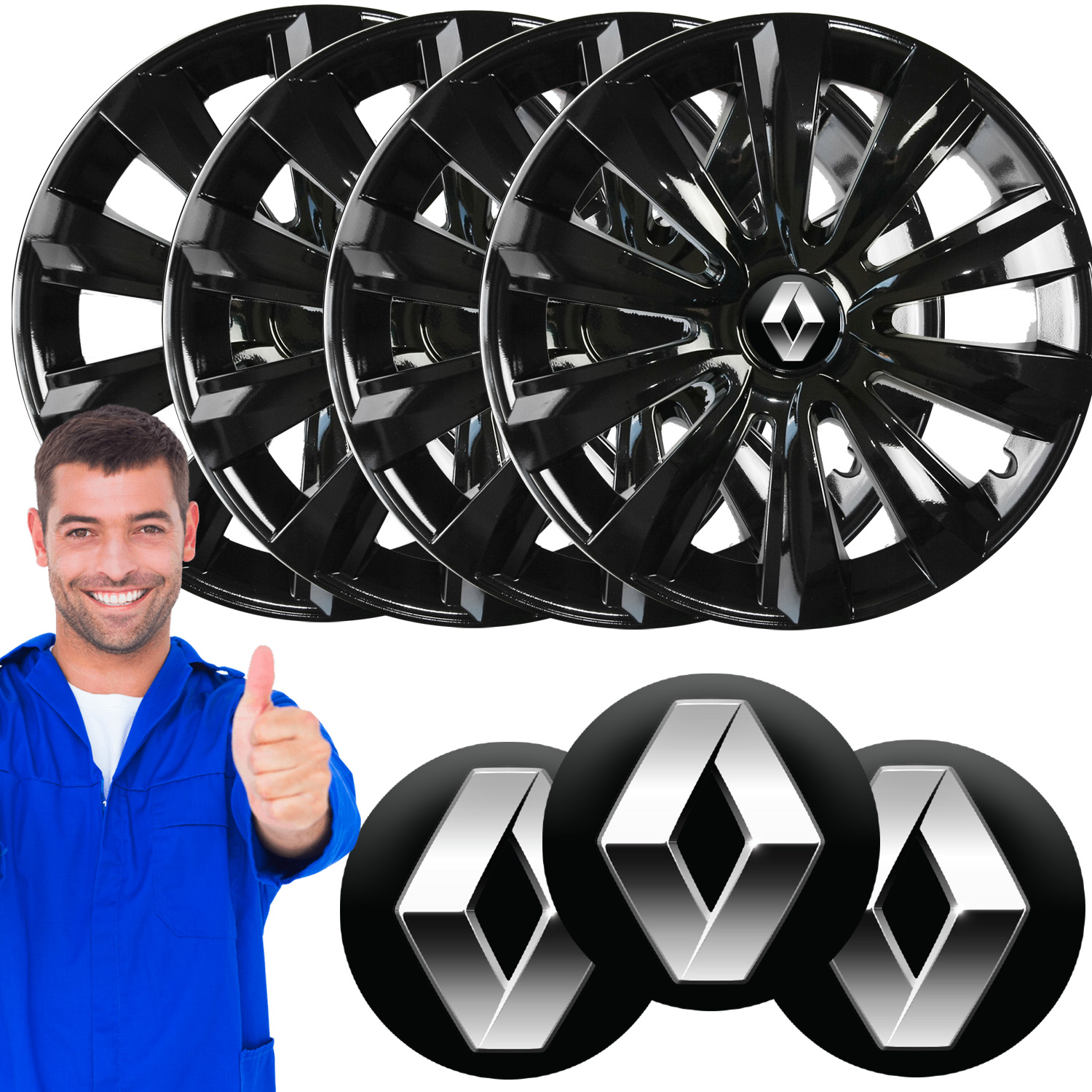 NOWOCZESNE CZARNE KOŁPAKI 15" DO RENAULT + KOMPLET ZNACZKÓW DEKIELKÓW!