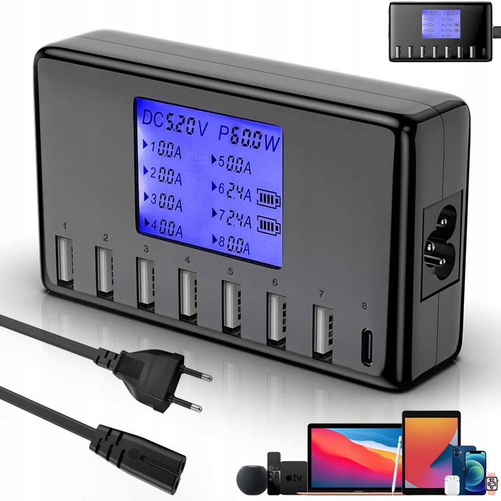 Stacja Ładująca Multi Usb, Ładowarka Wielu Urządzeń Z Ekranem LCD, 8 Portów