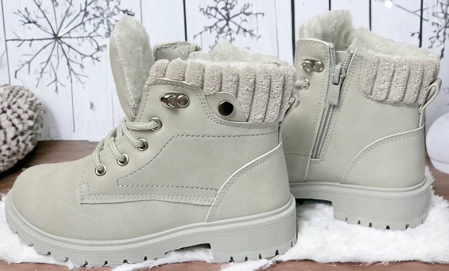 Ocieplane Kozaczki Śniegowce Dziecięce na Zamek Sznurowane Futerko *31* Kolor szary