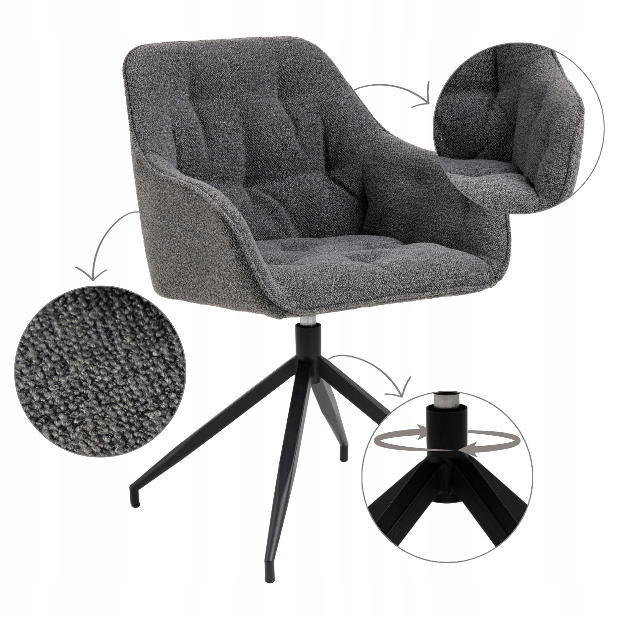 Pohodlná Rotačná Stolička Antracitová Šedá Do Jedálne V obývačke, čalúnená