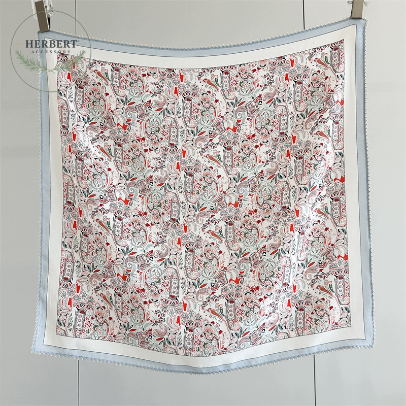 Šátek Hedvábný růžový 65 x 65 cm Paisley Modrý Rámeček