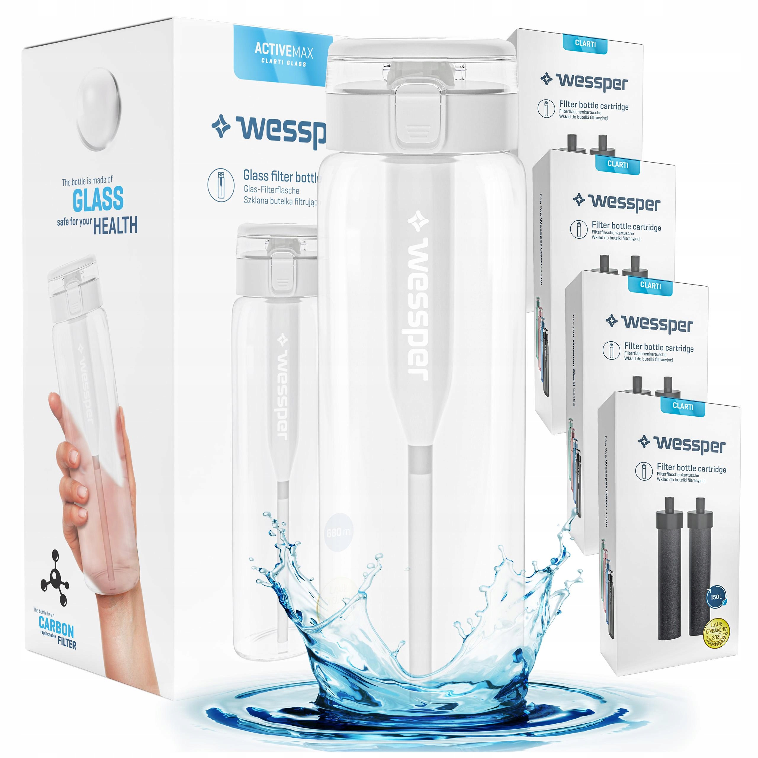 Filtrační láhev Wessper ActiveMax Clarti Glass 0,68 l 9x uhlíkový filtr