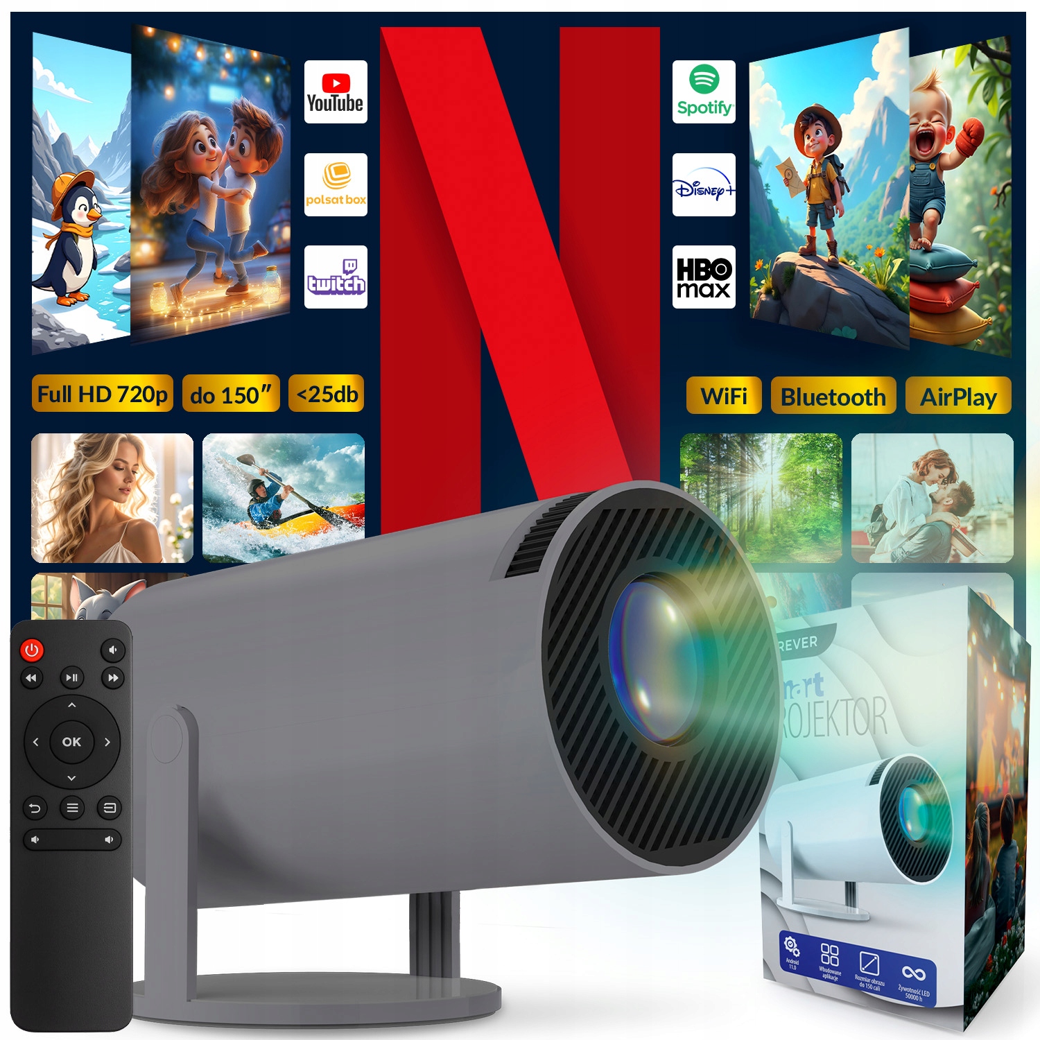 Rzutnik projektor Smart Tv WiFi multimedialny ścienny do oglądania filmów