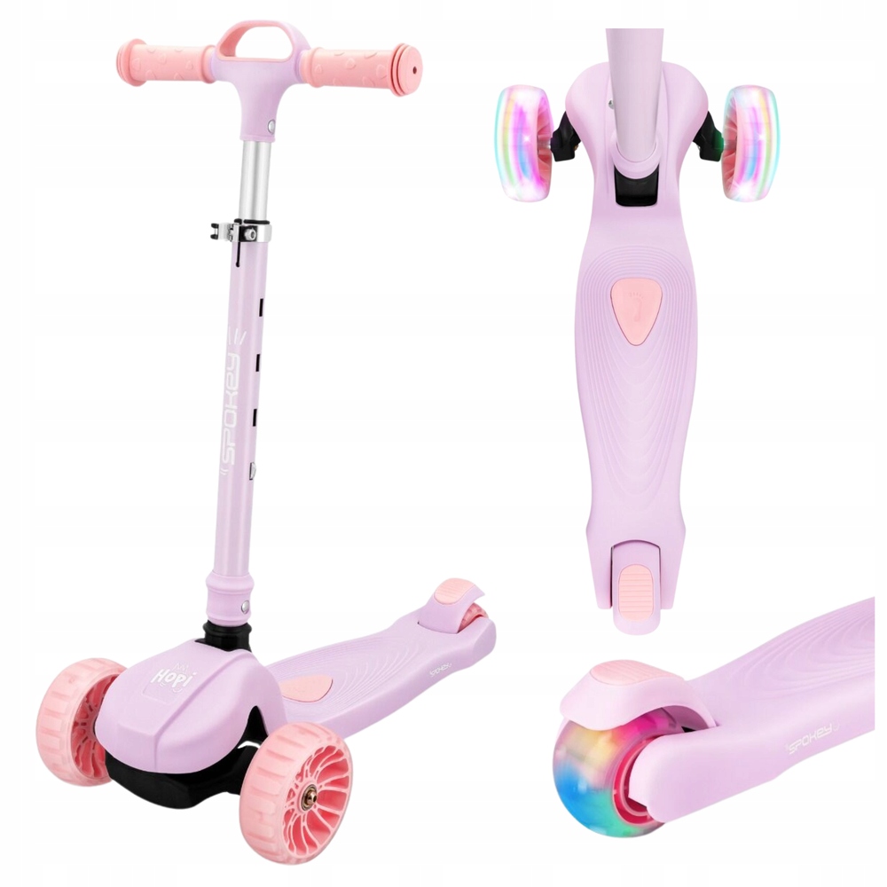Dětská tříkolová koloběžka skládací růžová s nastavitelnou výškou a Led světly Spokey