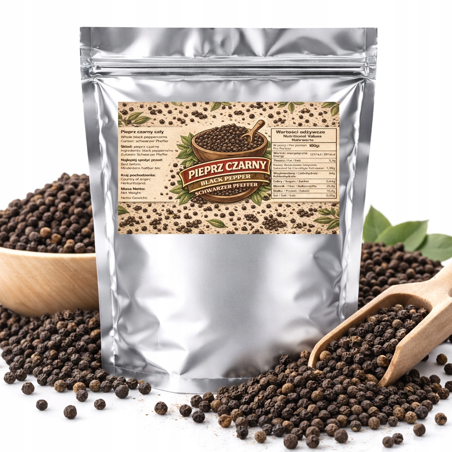 Pepř Černý Zrnitý do mlýnku, svěží aroma, Premium Kvalita 1KG