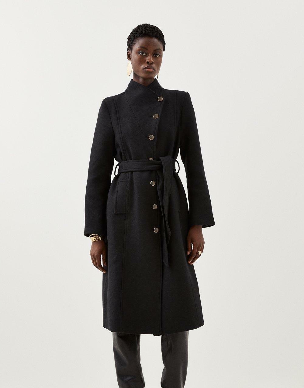 ZŁOTE GUZIKI WEŁNA KAREN MILLEN 40 CZARNY KLASYCZNY PROSTY DŁUGI PŁASZCZ Rozmiar 40