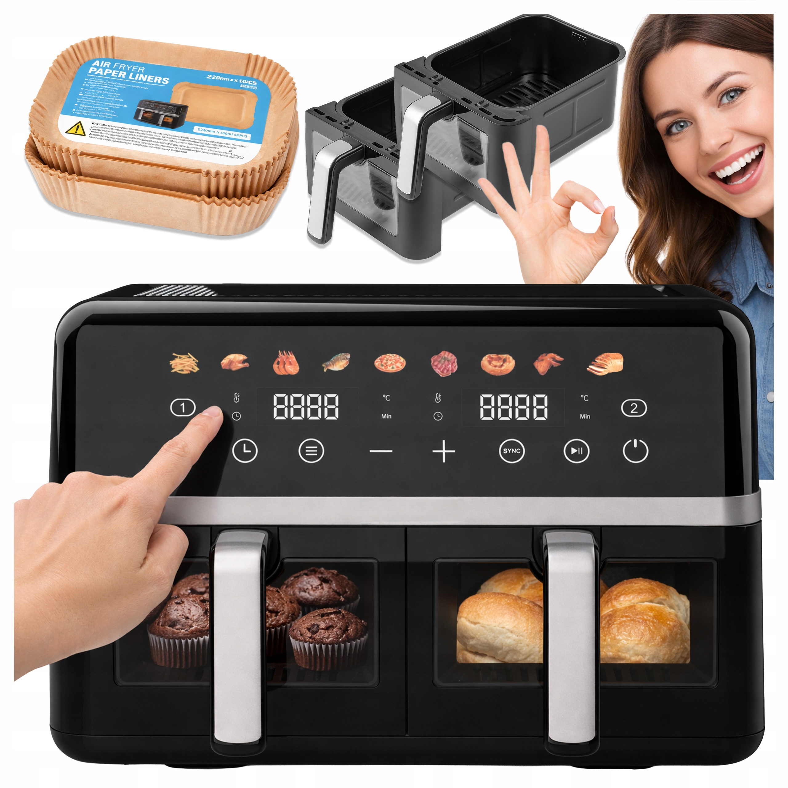 Beztuková Fritéza 10 L Air Fryer, Dvoukomorová Fritéza 2800 W, Tácky