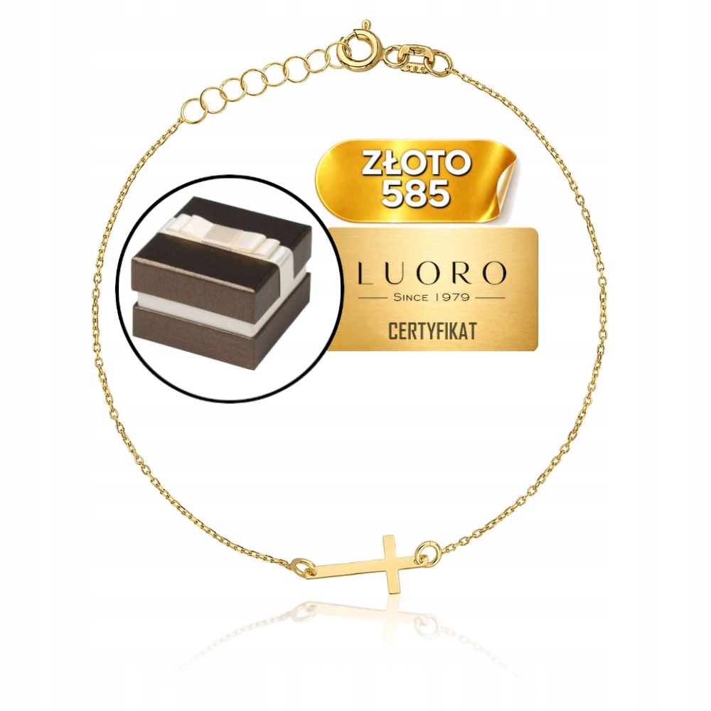 Náramek Zlatý 585 14K Křížek Jemný Nastavitelný 17-19 CM Dárek