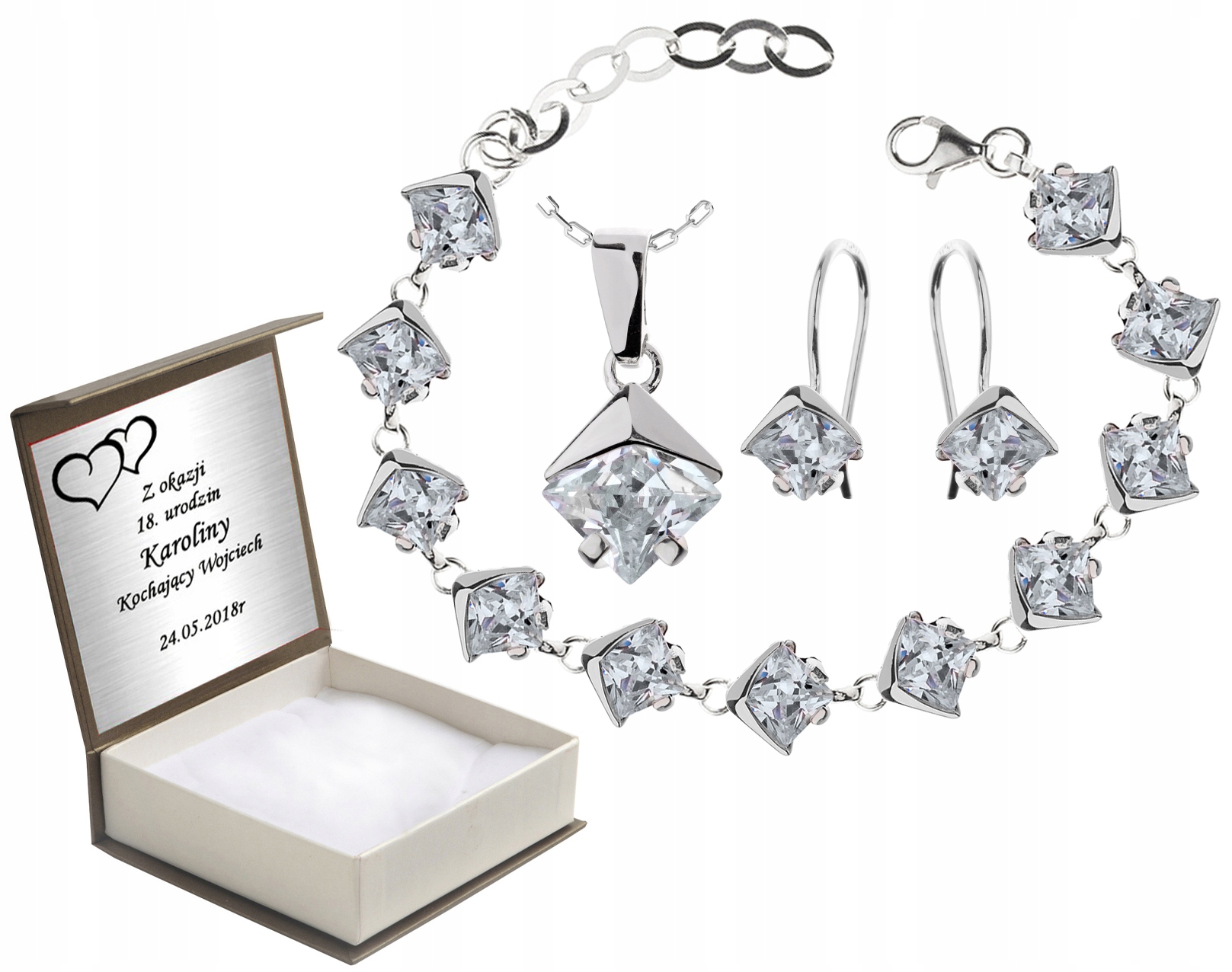 

Komplet Biżuterii Srebrnej Z Cyrkoniami + Grawer