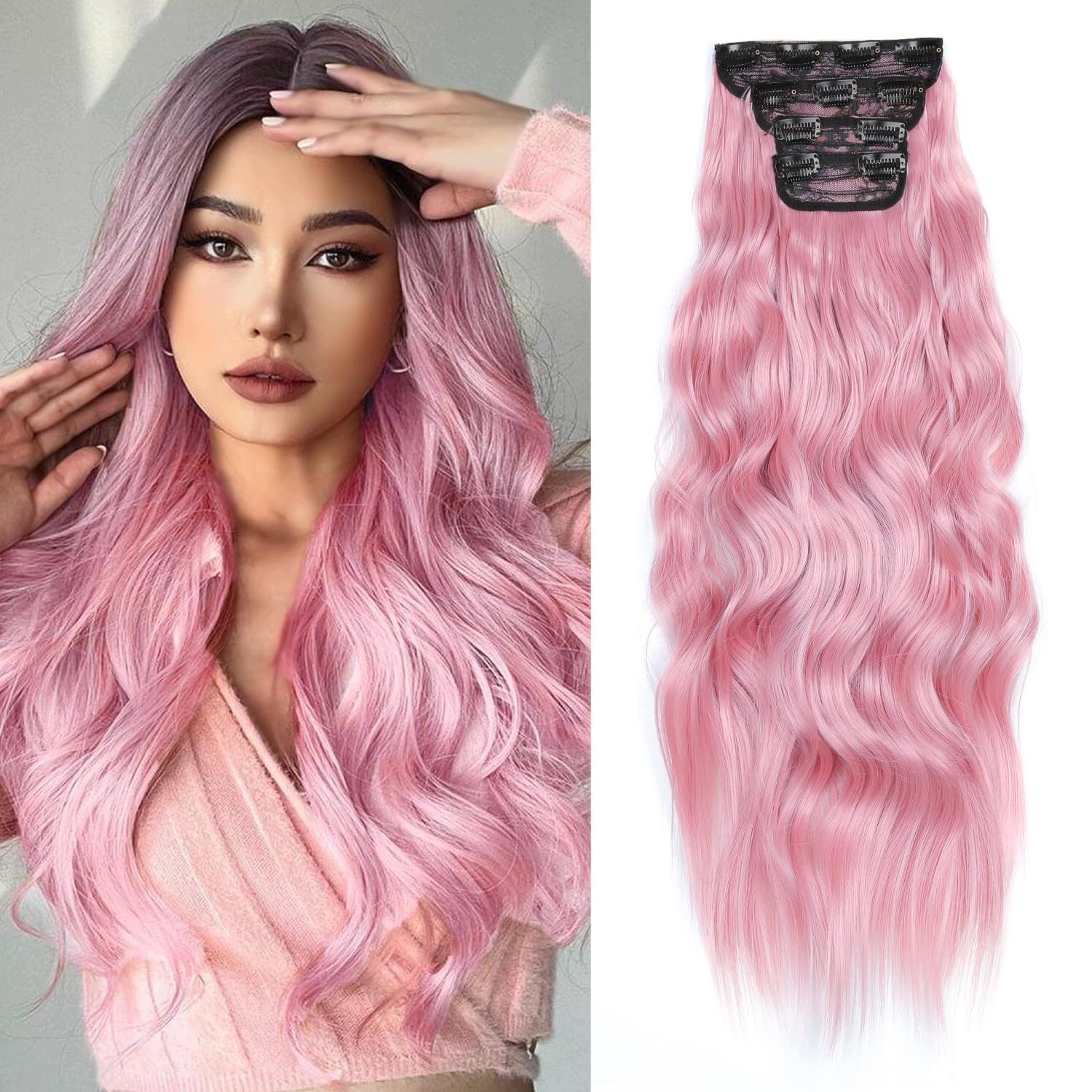 Příchytky pro prodloužení vlasů ShowJarlly Clip-In, 4 kusy, 60 cm Růžová 97C#