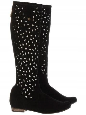 Kozaki damskie zamszowe skórzane nubuk ażurowe czarne płaski obcas 38 Oryginalne opakowanie producenta pudełko