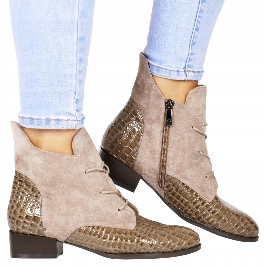 Kotníkové Boty Plochá Podrážka Béžová Krokodýl Semiš Elegantní New