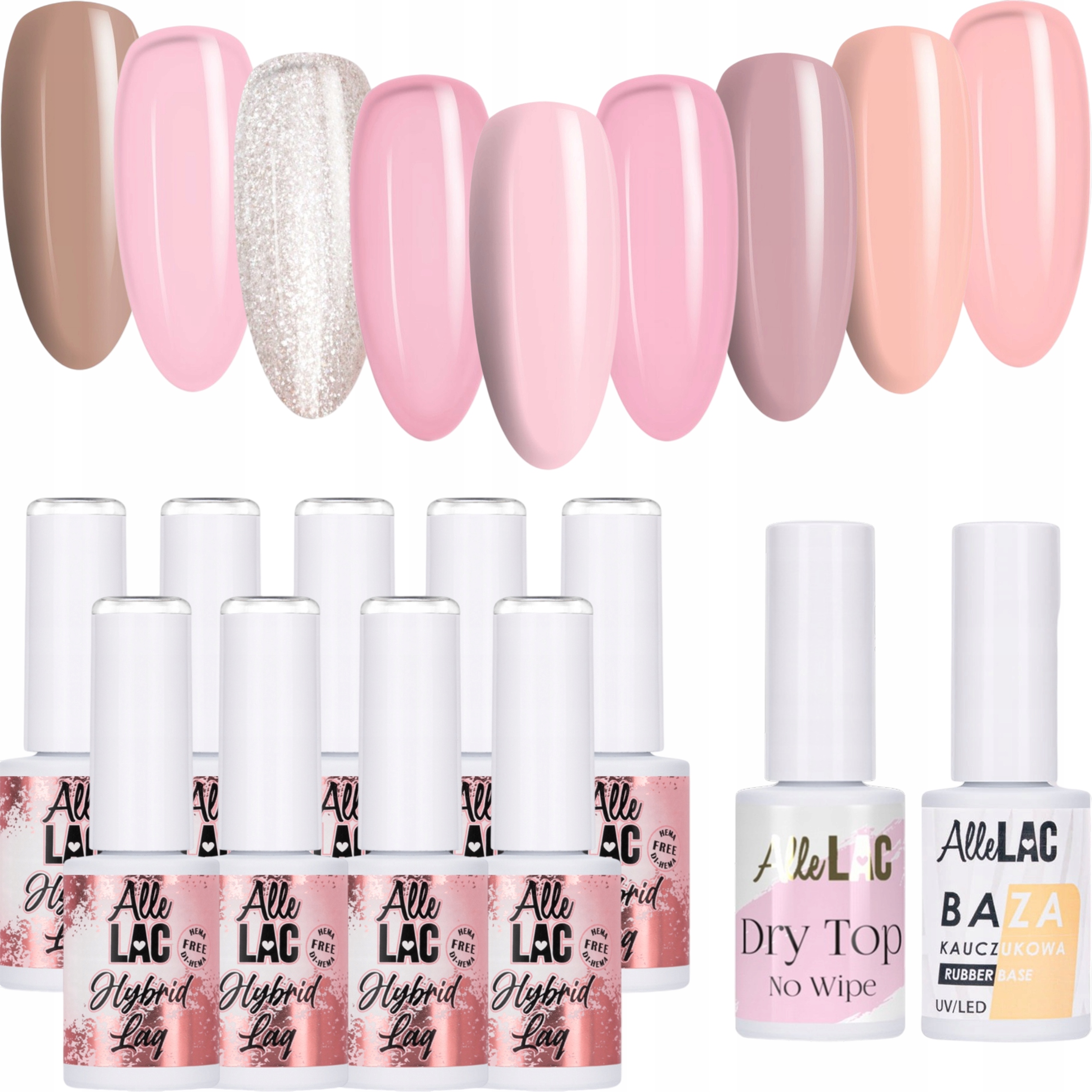 9x Hybridní lak Allelac 6 g Nudes Nude Béžový Růžový Báze Top Set