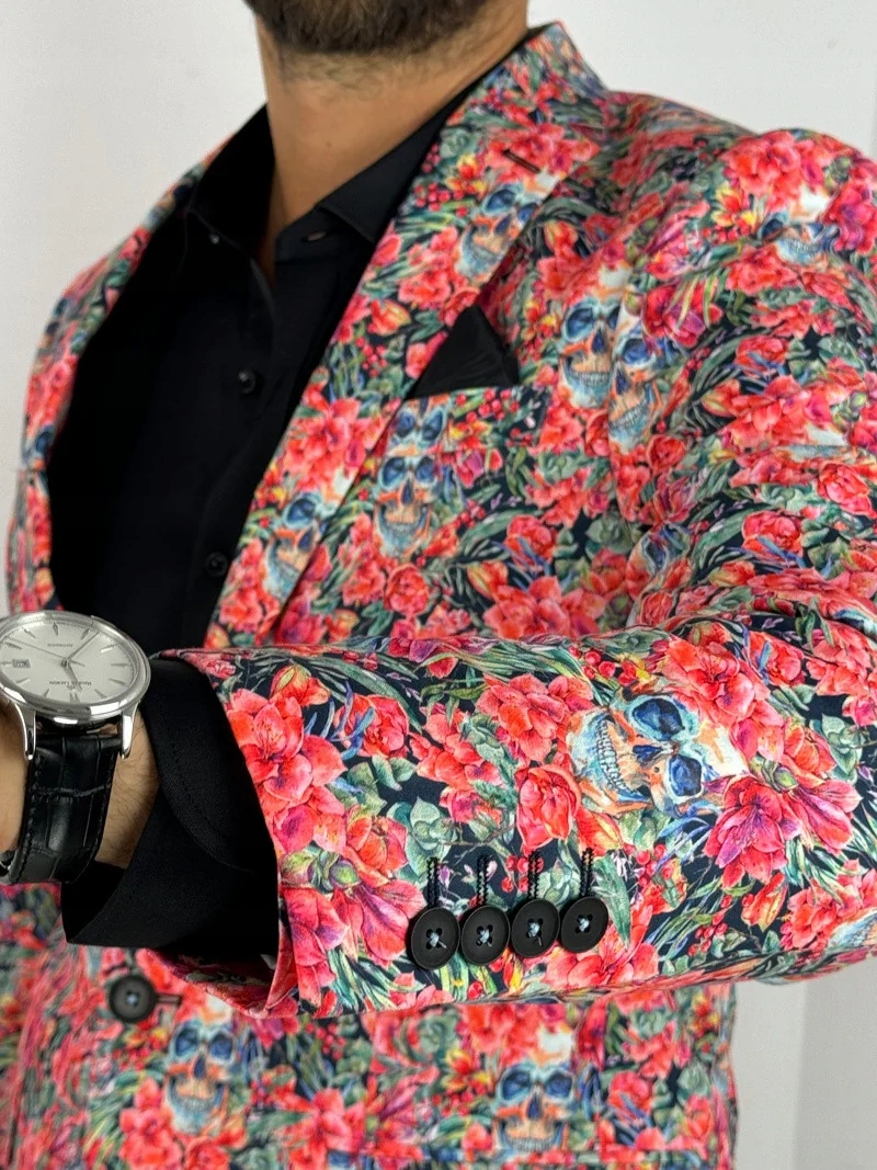 GIOVANNI PERA Marynarka męska D626 w kwiaty, czachy, czerwona 50 M Wzór dominujący print (nadruk)