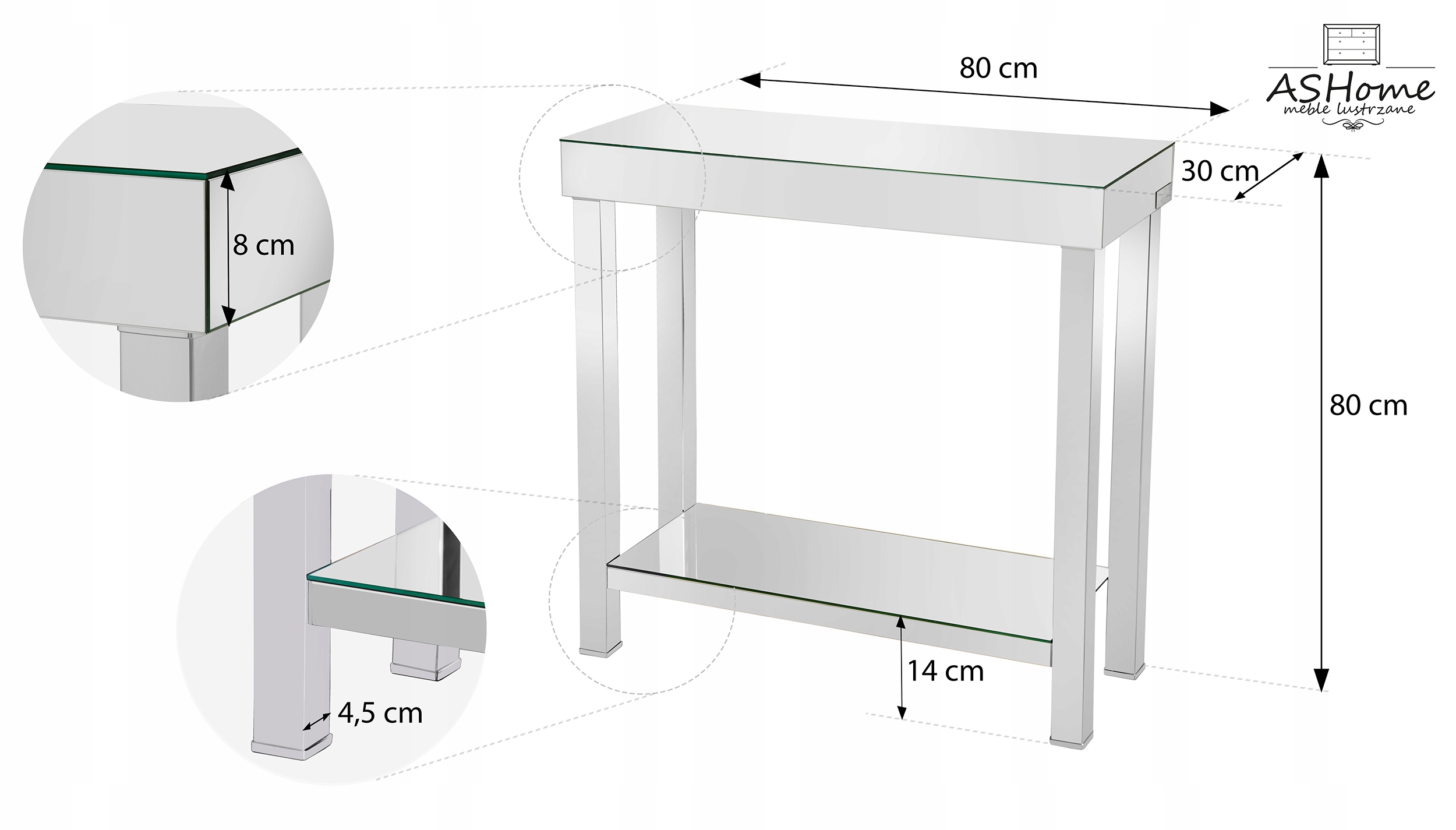 Ekskluzywna konsola lustrzana chrom stelaż Wysokość mebla 80 cm