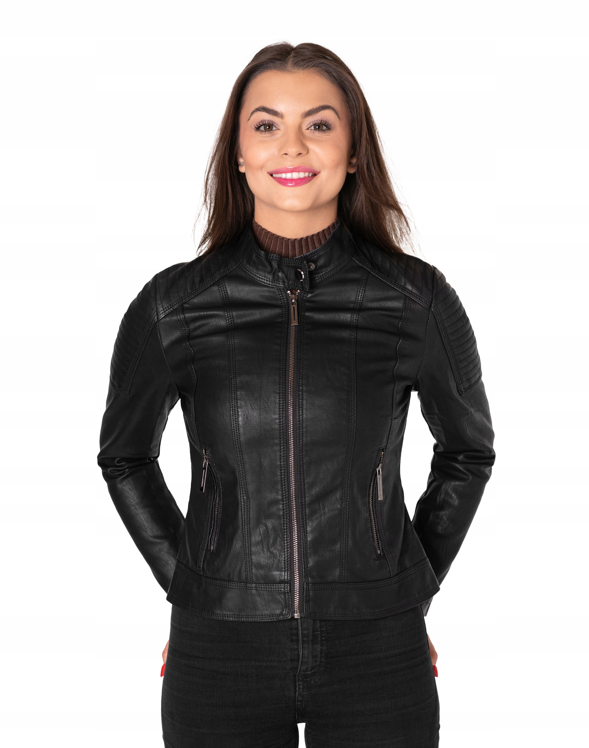 Krótka Skórzana Kurtka Czarna Ramoneska Damska Przejściowa Eko Skóra 257 XL