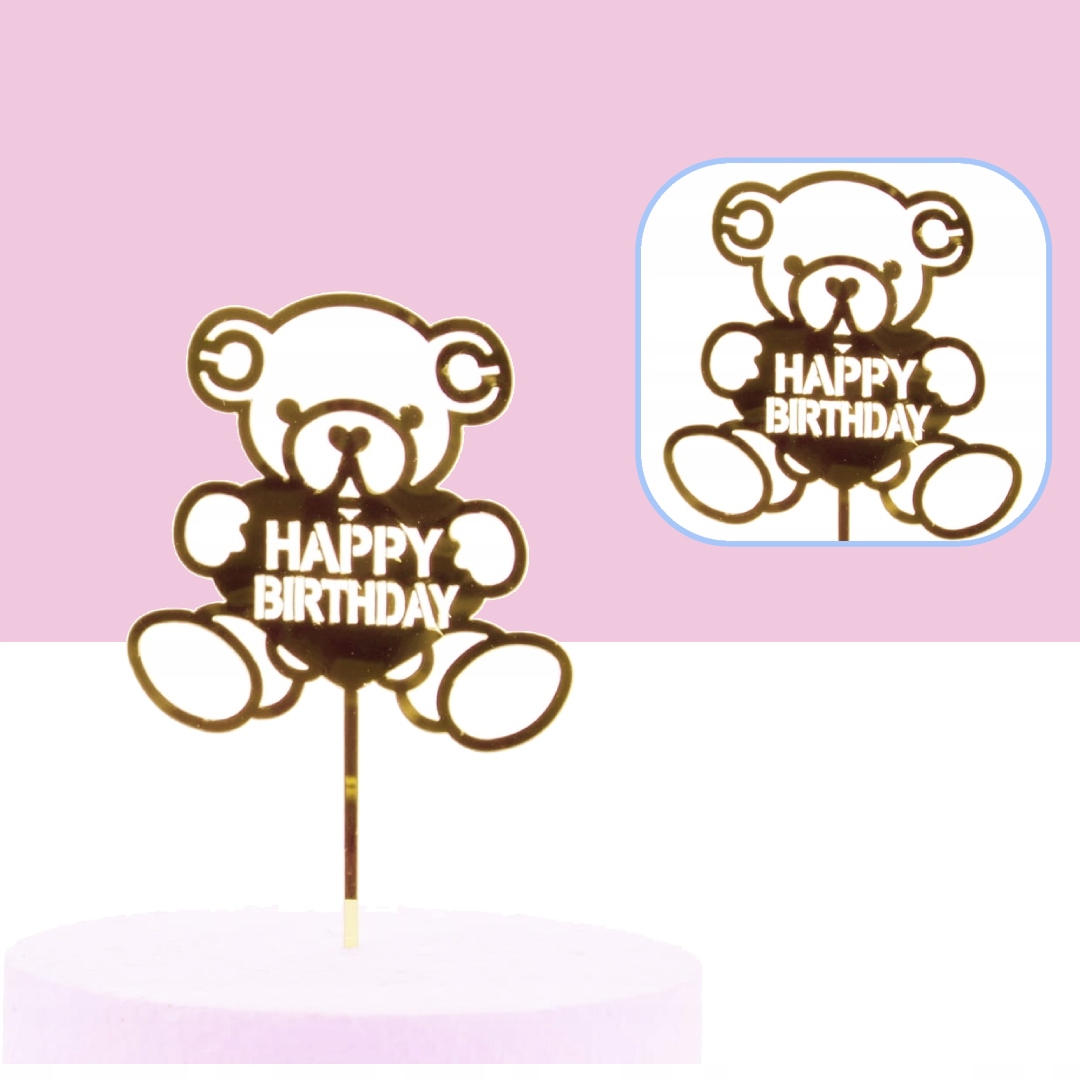 TOPPER MIŚ HAPPY BIRTHDAY ZŁOTY DEKORACJA NA TORT Rodzaj ozdoby cukrowe