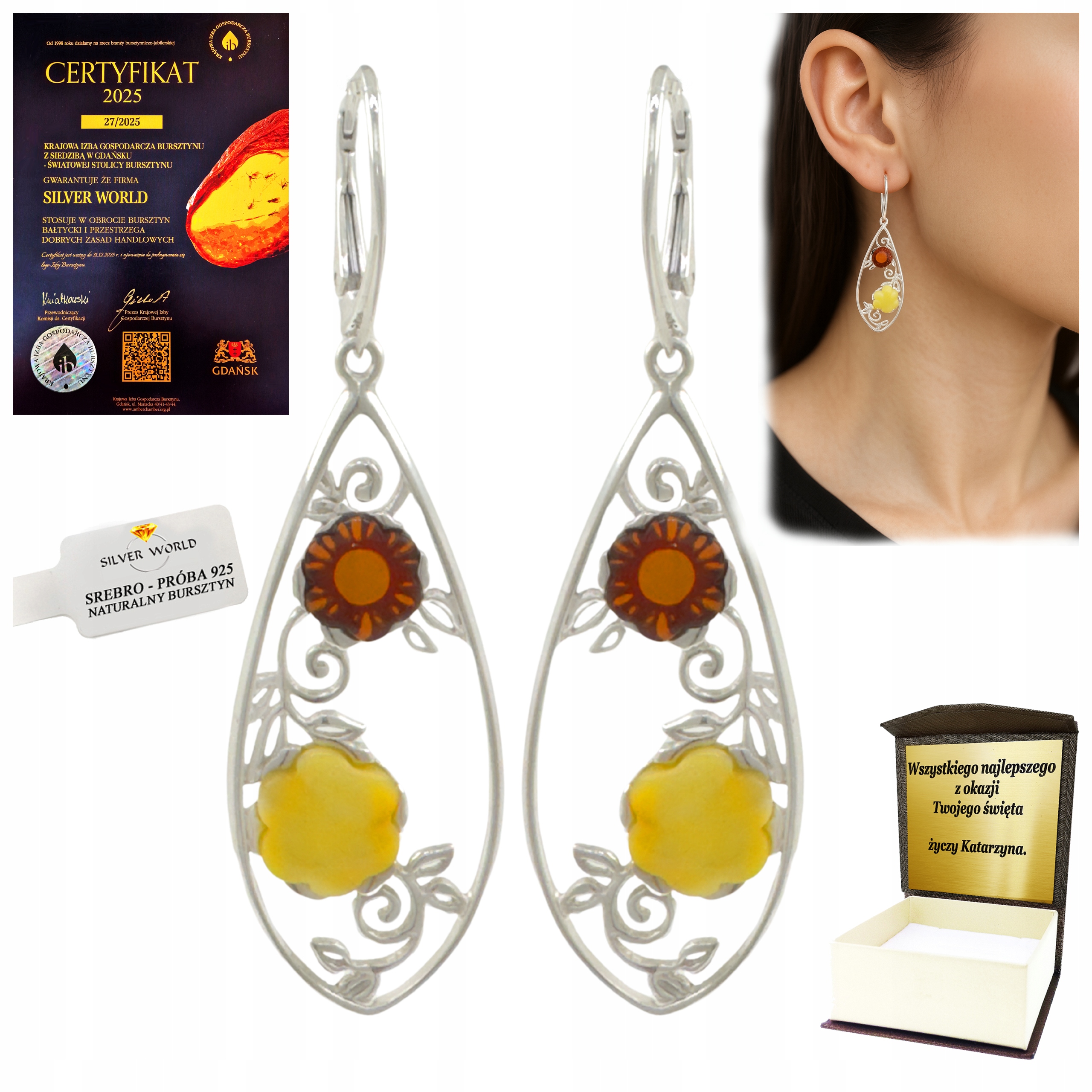 Stříbrné Náušnice S Jantarem 925 Závěsné Dlouhé Angličany Jako Dárek +dárek