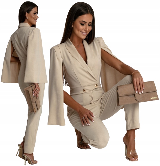 BEŻOWY DŁUGI KOMBINEZON ROZCIĘTYMI RĘKAWAMI A'LA NIETOPERZ OKOLICZNOŚCIOWY Kolor beżowy