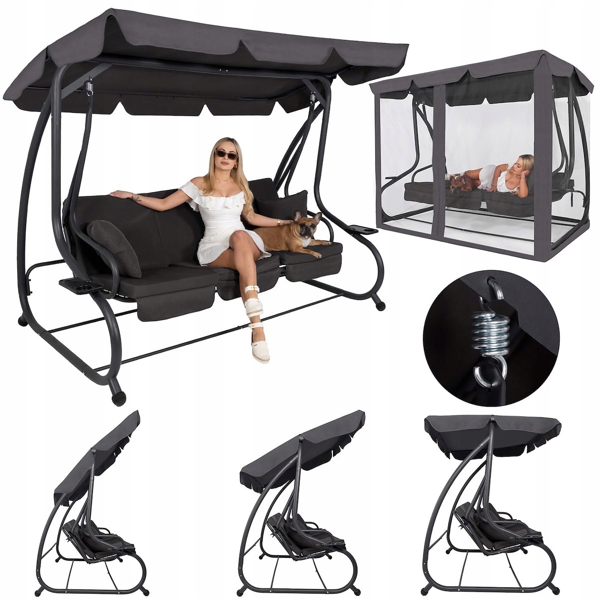 OGRODOWA HUŚTAWKA BUJANA ŁAWKA 3 OSOBOWA ROZKŁADANA 2w1 + DASZEK MOSKITIERA