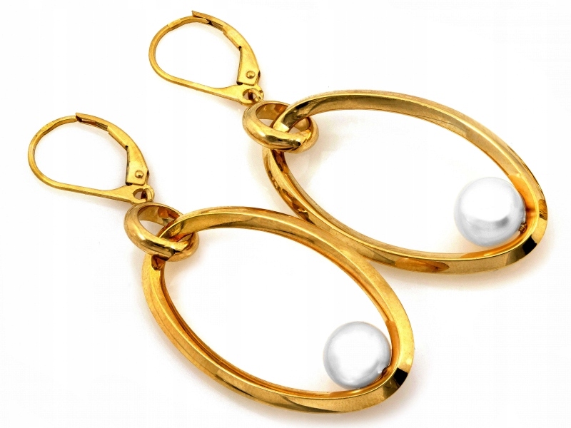 Zlaté náušnice 585 14kt závěsné oválné s perlou 4.07g elegantní jako dárek