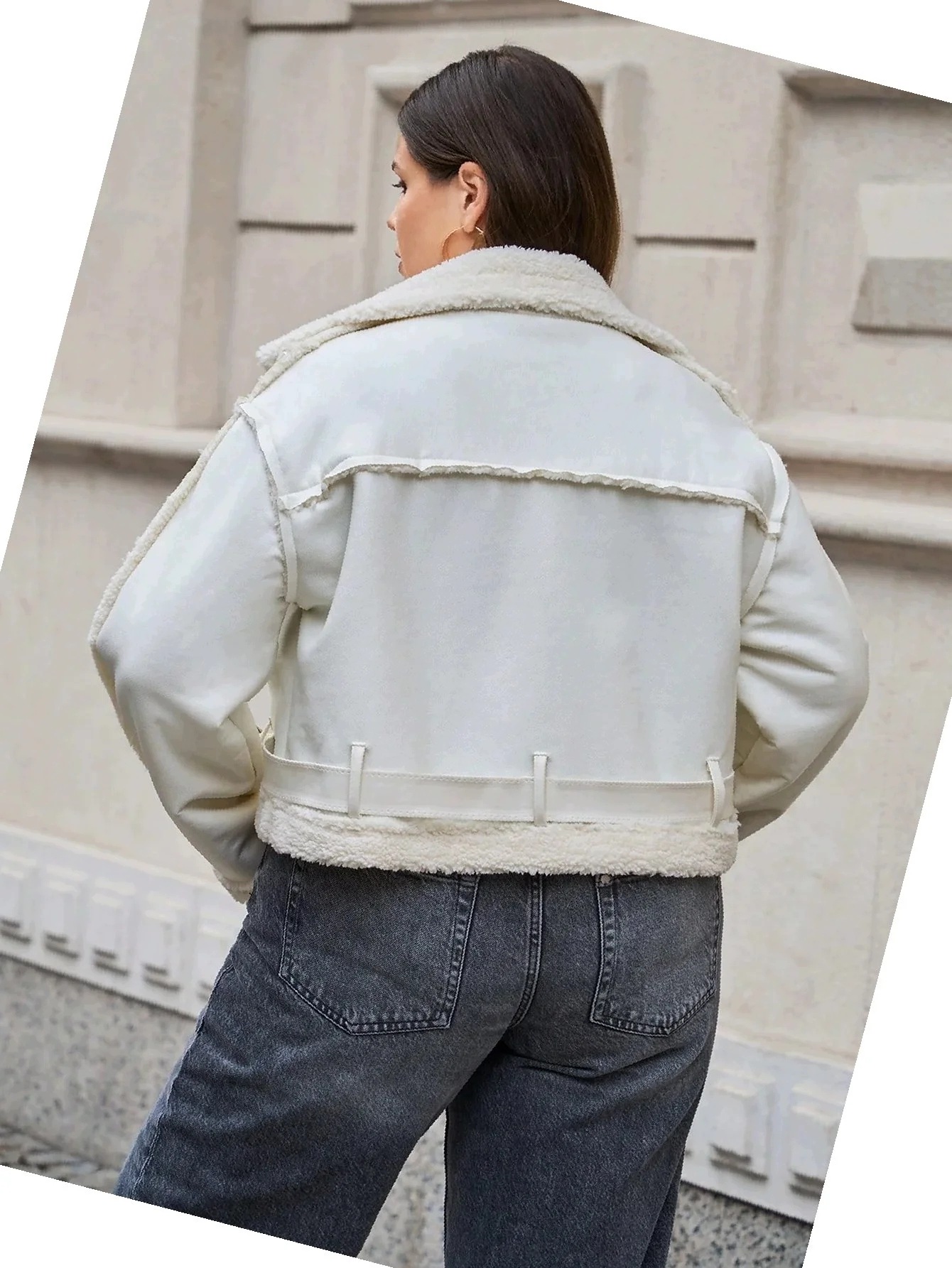 Kožuch Krátký Kožíšek Ekokůže Teplá dámská krémová bunda 4XL 48